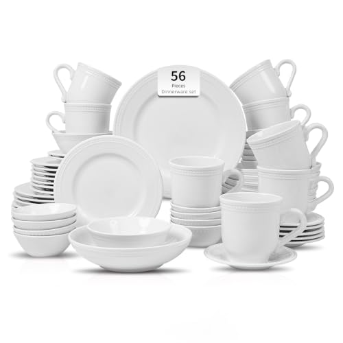 HomeVSS 56 Piece Pearl Dots Stoneware Dinnerware Set (56pc Set / White)