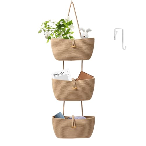 3 Tier Cotton Rope Baskets with Button Strap Over the Door Wall Hanging Baskets for Nursery (Jute / 3 tier+Button)