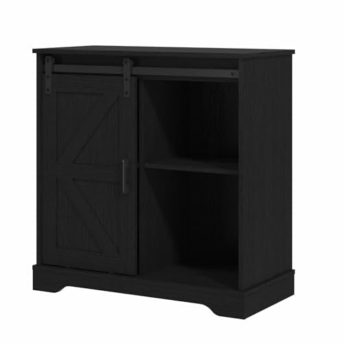 Sliding Barn Door Buffet Sideboard Storage Cabinet Coffee Bar Kitchen Farmhouse Style (Black)