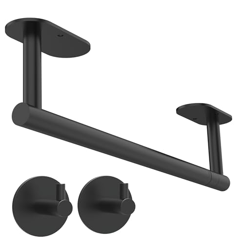Black Paper Towel Holder Under Cabinet with 2 Hooks Self Adhesive (Matte Black / Holder with 2 Hooks)