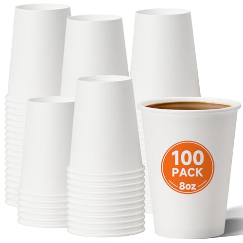 100 Pack 8 oz Disposable Paper Coffee Cups (White / 8 oz)