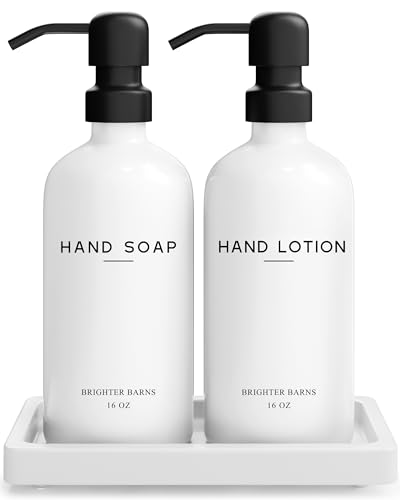 White Glass Soap and Lotion Dispenser Set with Tray by Brighter Barns (White Sl)