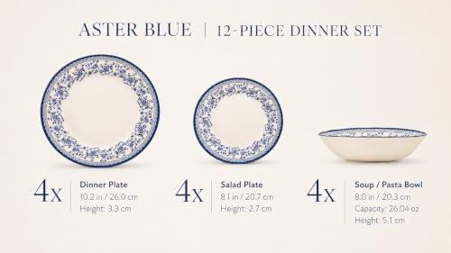 Royal 12 Piece Porcelain Dinnerware Set for 4 (Aster Blue / 12)