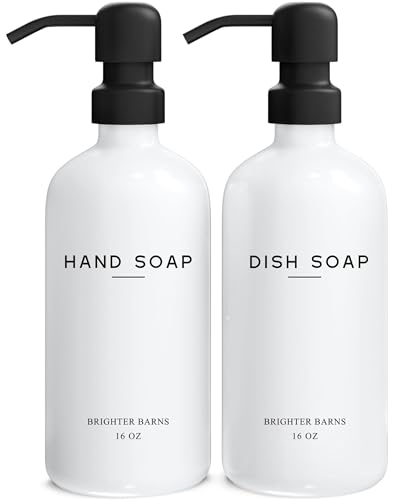 White Glass Hand and Dish Soap Dispenser Set by Brighter Barns (White Hd)