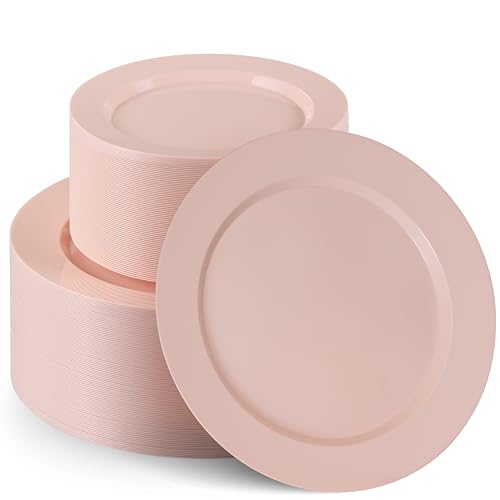 100 Elegant Pink Plastic Plates Set (Pink)