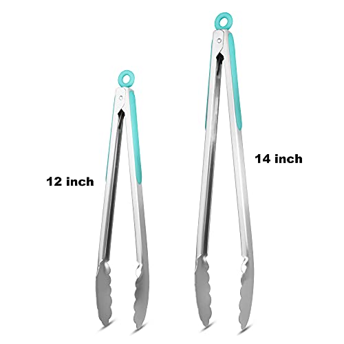 304 Stainless Steel Kitchen Cooking Tongs (12" & 14" / Aqua Sky)