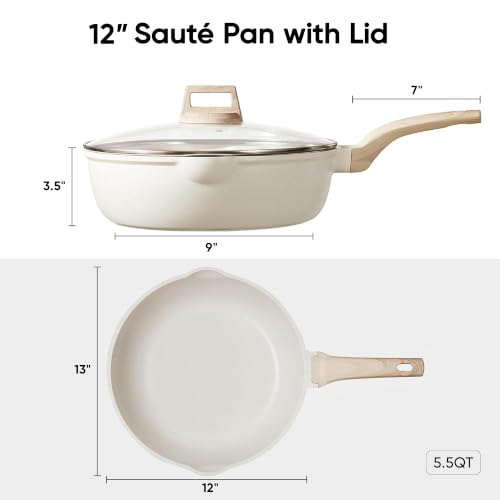 12 Inch Nonstick Deep Frying Pan with Lid (Cream White / 12")