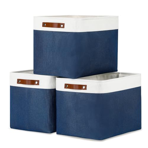 Large Storage Baskets with Leather Handles for Linen Closet and Home Office (White&Blue / XL-16"x 12"x12")
