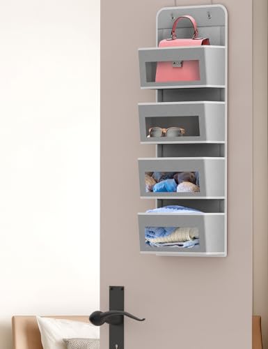 4 Clear Window Pocket Over Door Hanging Organizer (4 Pockets / Gray)