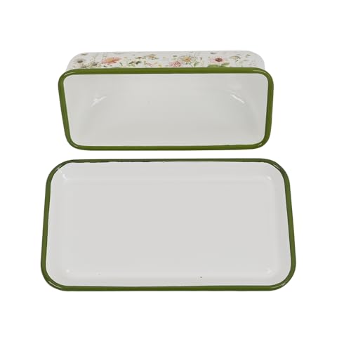 Enamel Butter Dish with Lid Vintage Enamelware Butter Keeper with Flower and Bee Patterns Farmhouse Butter holder Butter container for Kitchen Decor (Green)