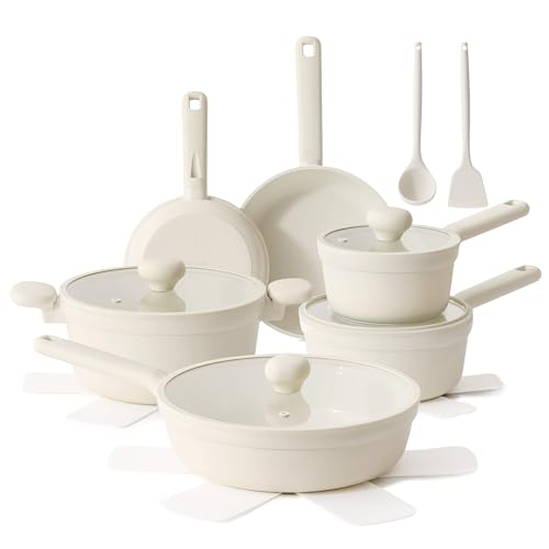 Ceramic Nonstick Pots and Pans Set (Creamy White / 17pcs)