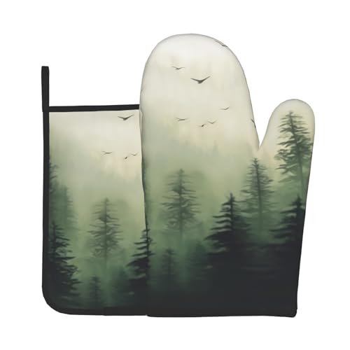 Green Misty Forest Oven Mitts and Pot Holder Set of 2 Mountain Woodland Heat Resistant Kitchen Gloves Hot Pad for Baking Cooking Microwave (Green Forest)