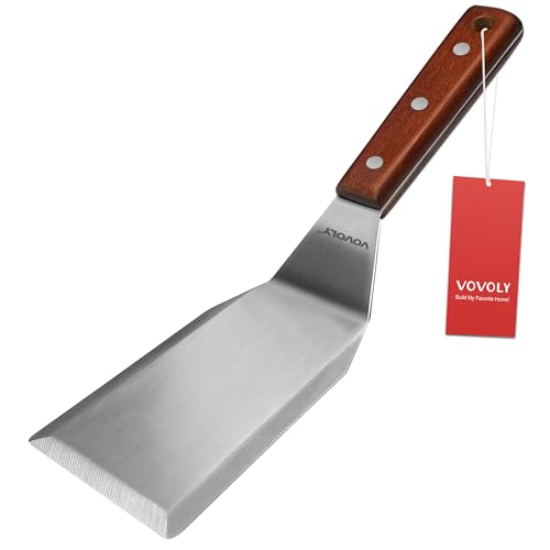 Professional Metal Spatula for Cast Iron Skillets and Flat Top Grills (3''x5''_Wooden Handle)