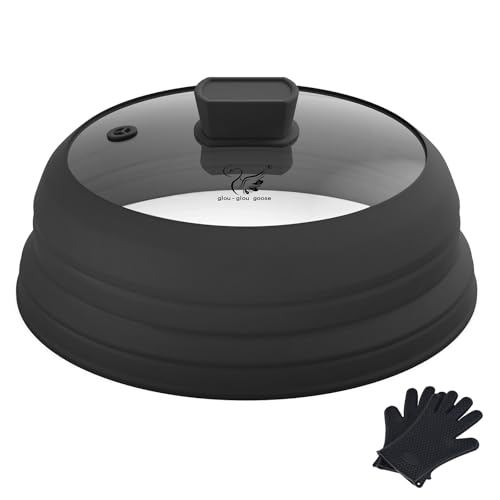 Microwave Splatter Glass Cover with Collapsible Silicone for Food Cover Plate Cover 10.8 inch with Anti (Black with Black Gloves / 10.8 inch)
