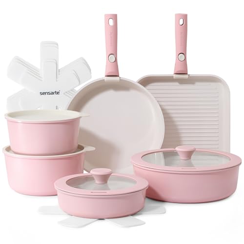 17 Piece Ceramic Detachable Handle Pots and Pans Set Pink (Pink / 17 Piece)