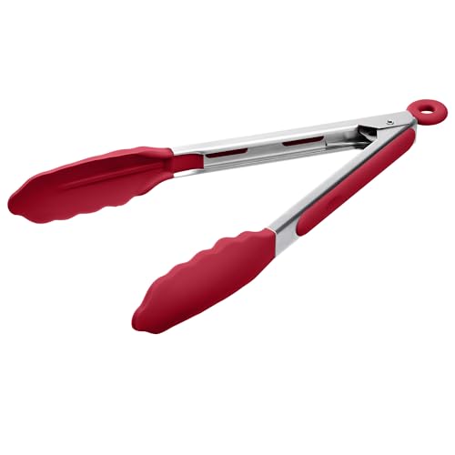 Kitchen Tongs with Silicone Tips for Cooking Serving (9in / Red)
