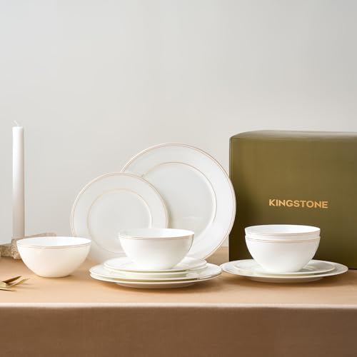 12Pcs Gold Trim White Bone China Set (White-gold trim / service for 4-12pcs)