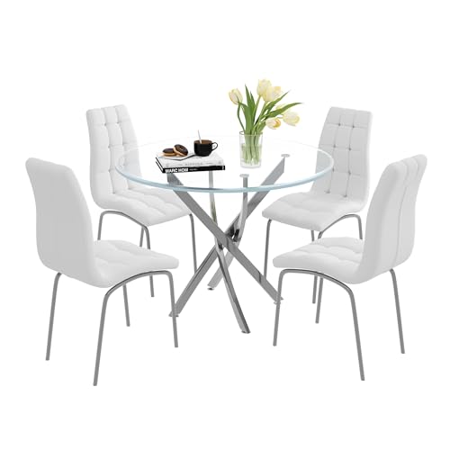5 Piece Round Glass Dining Table Set (Silver Round Table/White Pu Chairs / 5 Pieces)