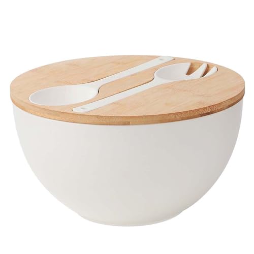 10” Bamboo Fiber Large Salad Serving Bowl Set with Wooden Lid & Servers (9.84 inch / Matte White)