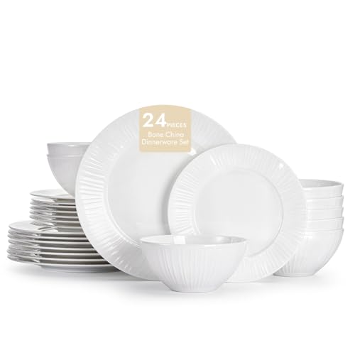 24Pc Textured White Bone China Set Service for 8 (White-striped / service for 8-24pcs)