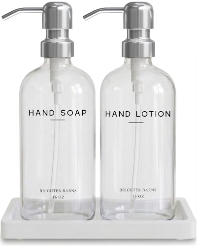 Glass Soap and Lotion Dispenser Set with Tray Set by Brighter Barns (Clear/Silver Sl)