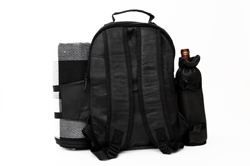 Premium Collection Genuine Leather Picnic Backpack for 4 with Insulated Compartment (Black)