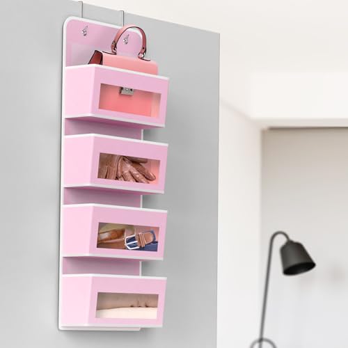 4 Clear Window Pocket Over Door Hanging Organizer (4 Pockets / Pink)