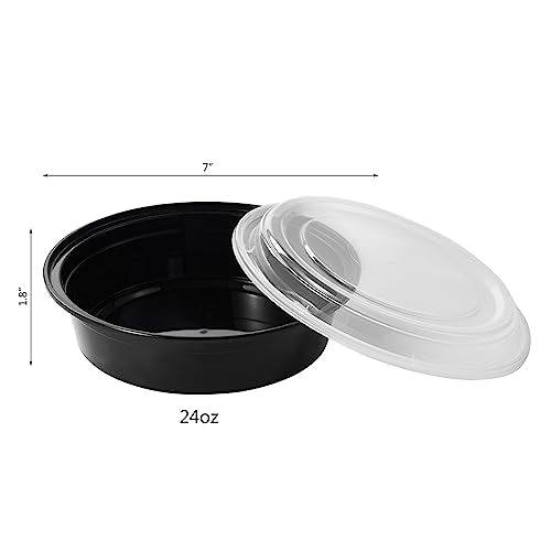 24 oz 50 ct Round Meal Prep Food Storage Containers with Lids To Go Plastic Lunch Plan Box Disposable Take Out Bowls Black BPA Free Reusable Durable Stackable Microwave Freezer Dishwasher Safe (24R-50)