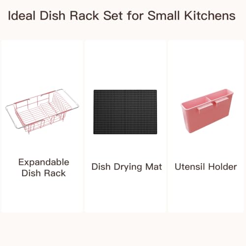 Pink Expandable Dish Drying Rack Over Sink with Extra Drying Mat (Pink / For 11.5"-16" W Sink with Cup Holder & Mat)