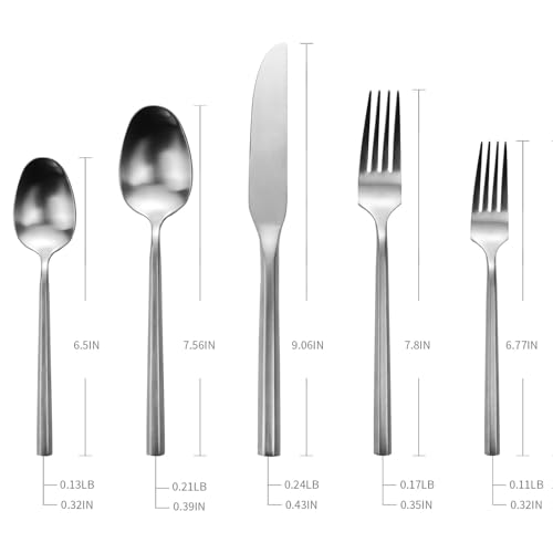 Silverware Set Matte Silver Hexagon Handle 20 Piece Service for 4 (Matte Silver / 20 Pcs)