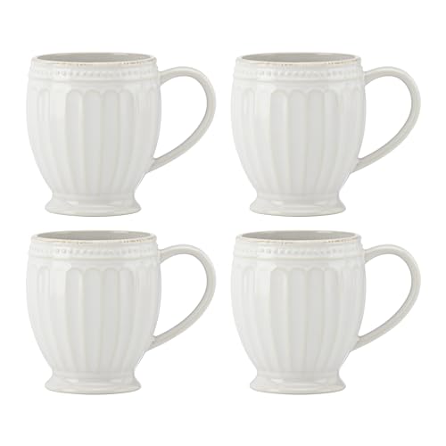 French Perle Groove White Stoneware Mug Set for 4 (Mugs, Set of 4)