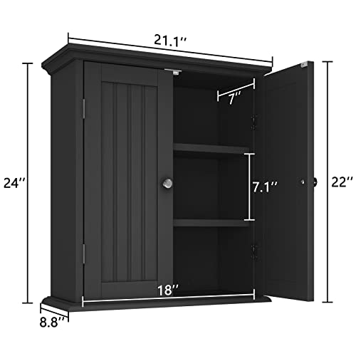Bathroom Wall Cabinet with 2 Doors (Black / 8.8"D x 21.1"W x 24"H)
