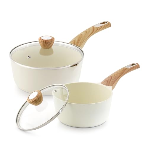 2.0 & 3.0 Quart Ceramic Sauce Pan Sets with Lid (Ceramic White / 2.0 + 3.0 Quarts)