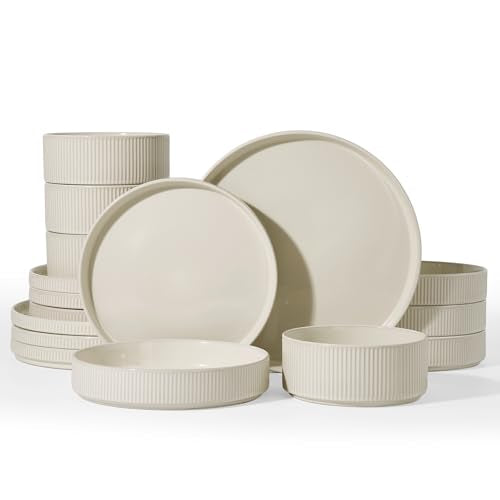 Star Stoneware Dinnerware Sets with Pasta Bowls (Oat White / Service for 4 - Double Bowls)