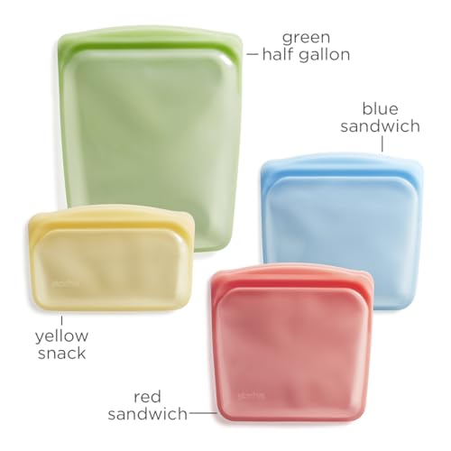 Premium Reusable Silicone Food Storage Snack Bags (Green + Red + Blue + Yellow)
