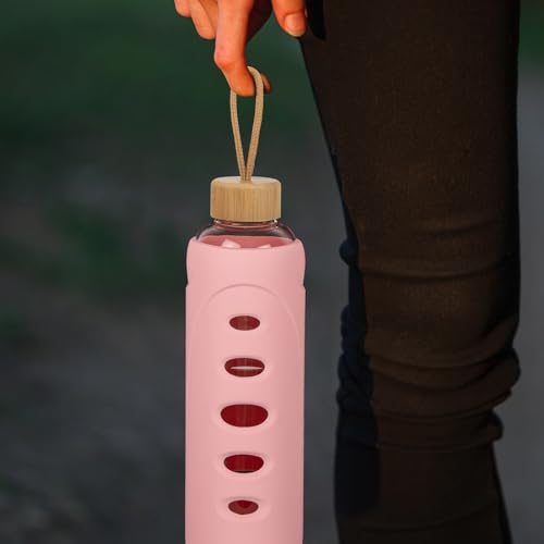 32 oz Narrow Mouth Glass Water Bottle with Windowed Silicone Sleeve (Pink)