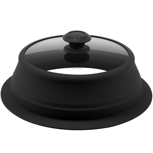 Collapsible Microwave Splatter Lid with Vented Tempered Glass Cover Wok Lid for Microwave Safe (11-12.5 inch / Black)
