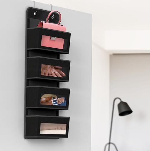 4 Clear Window Pocket Over Door Hanging Organizer (4 Pockets / Black)