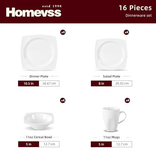 HomeVss New Bone China Dinnerware Set (Square Rim / Service for 4 - 16pc Set)