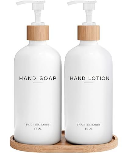 White Glass Soap and Lotion Dispenser Set with Tray by Brighter Barns (White Sl)