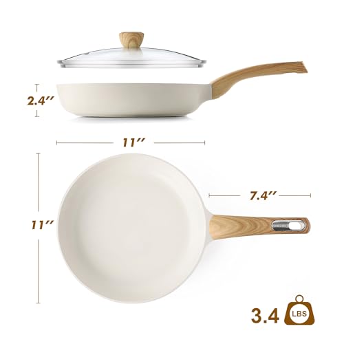 11inch Ceramic Nonstick Frying Pan Paella Pan with Lid (11 Inch / CREAM White)