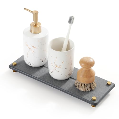 Kitchen Sink Caddy Water Absorbing Stone Drying Tray (12.5"x 4.5" - Dark Gray - Gold)
