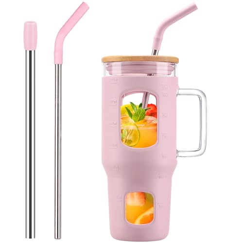 Glass Tumbler with Straw and Lid (Pink / 32 Ounces)