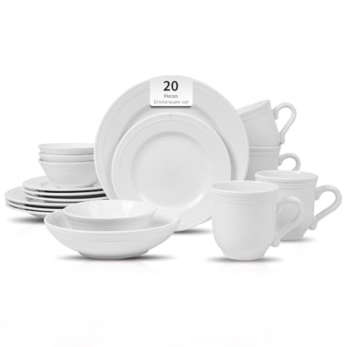 HomeVSS 20 Piece Pearl Dots Stoneware Dinnerware Set (20pc Set / White)
