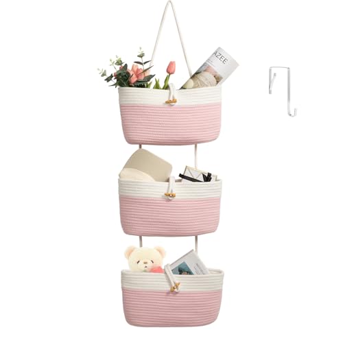 Over The Door Hanging Baskets with Button Strap (Pink+White / 3 tier+Button)