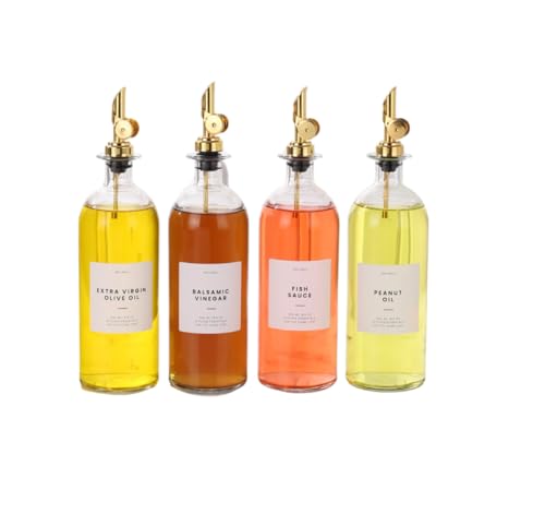 Oil and Vinegar Dispenser with Metal Pour Spout (500ml, Set of 4 Bottles / Gold)