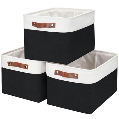 Storage Bins Large Fabric Storage Baskets for Shelves 3 Pack (Black / Off-White / Large -15"x11"x9.5")