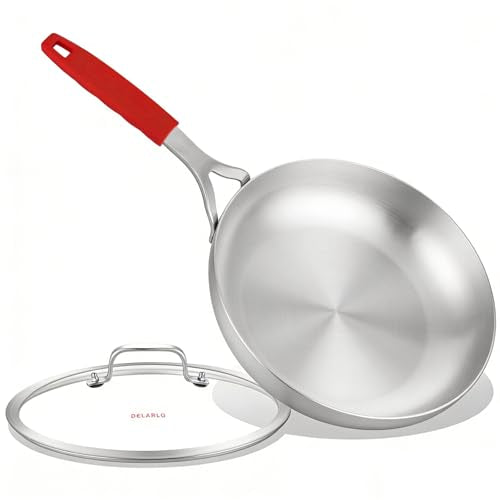 Tri Ply Stainless Steel Frying Pan 8.3" With Lid kitchen skillet (Silver)