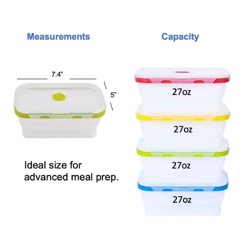 Collapsible Food Storage Containers with Lids (Assorted Colors 27oz-4pc)