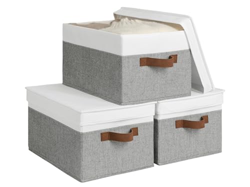 Fabric Storage Bins with Lids (Gray and White / Large)
